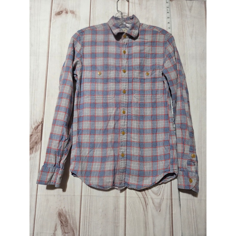 J Crew Ladies XS Plaid Flannel Shirt Long Sleeve Button Down Gray Red Blue